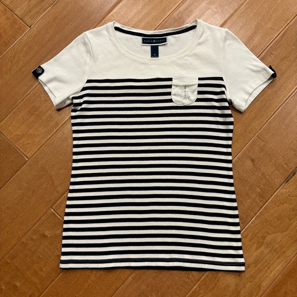 Karen Scott Women’s White and Navy Striped Nautical T-shirt 100% Cotton Size XS
